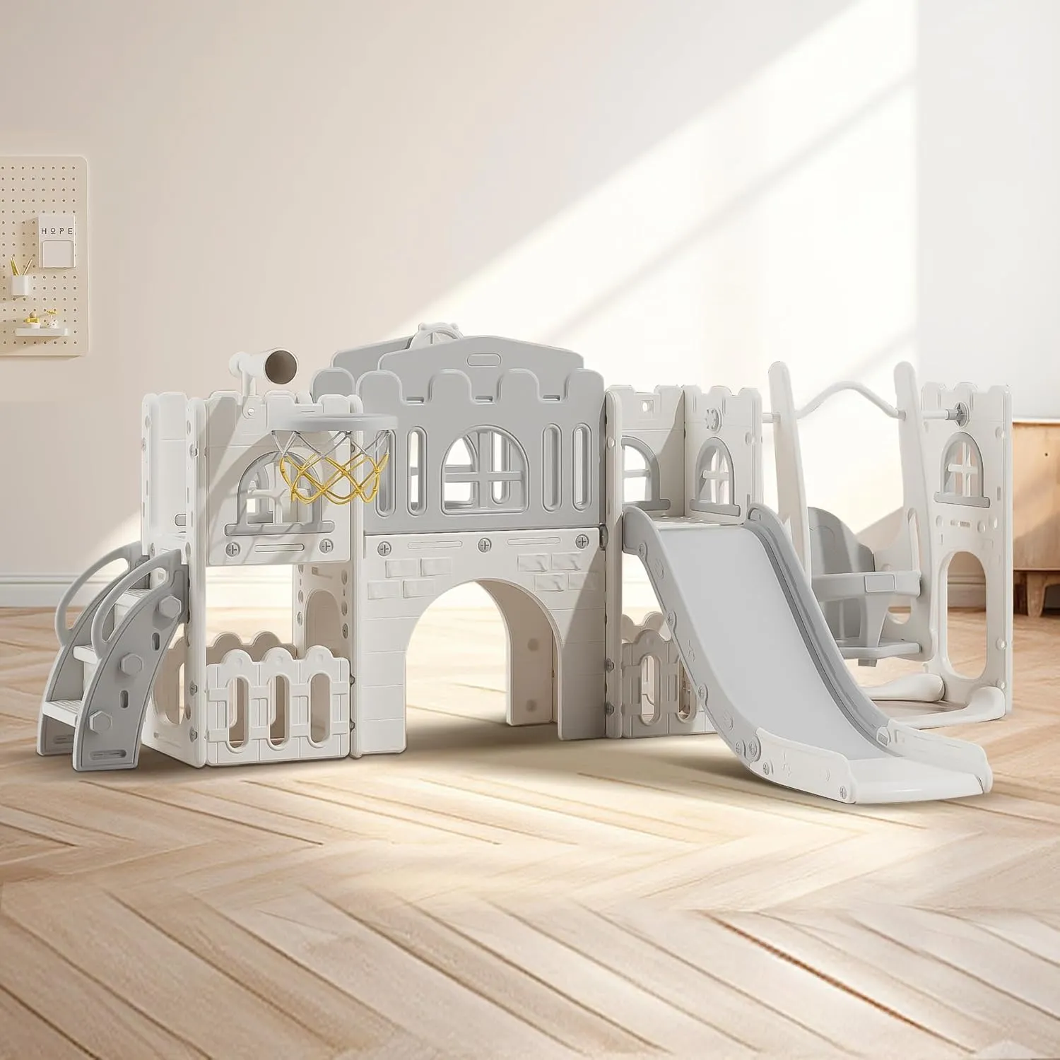 10 in 1 Toddler Slide Age 1-3 with Swing Basketball Hoop and Telescope Indoor Outdoor Slide Playset Toddler Playground (Grey)