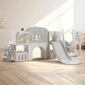 10 in 1 Toddler Slide Age 1-3 with Swing Basketball Hoop and Telescope Indoor Outdoor Slide Playset Toddler Playground (Grey)