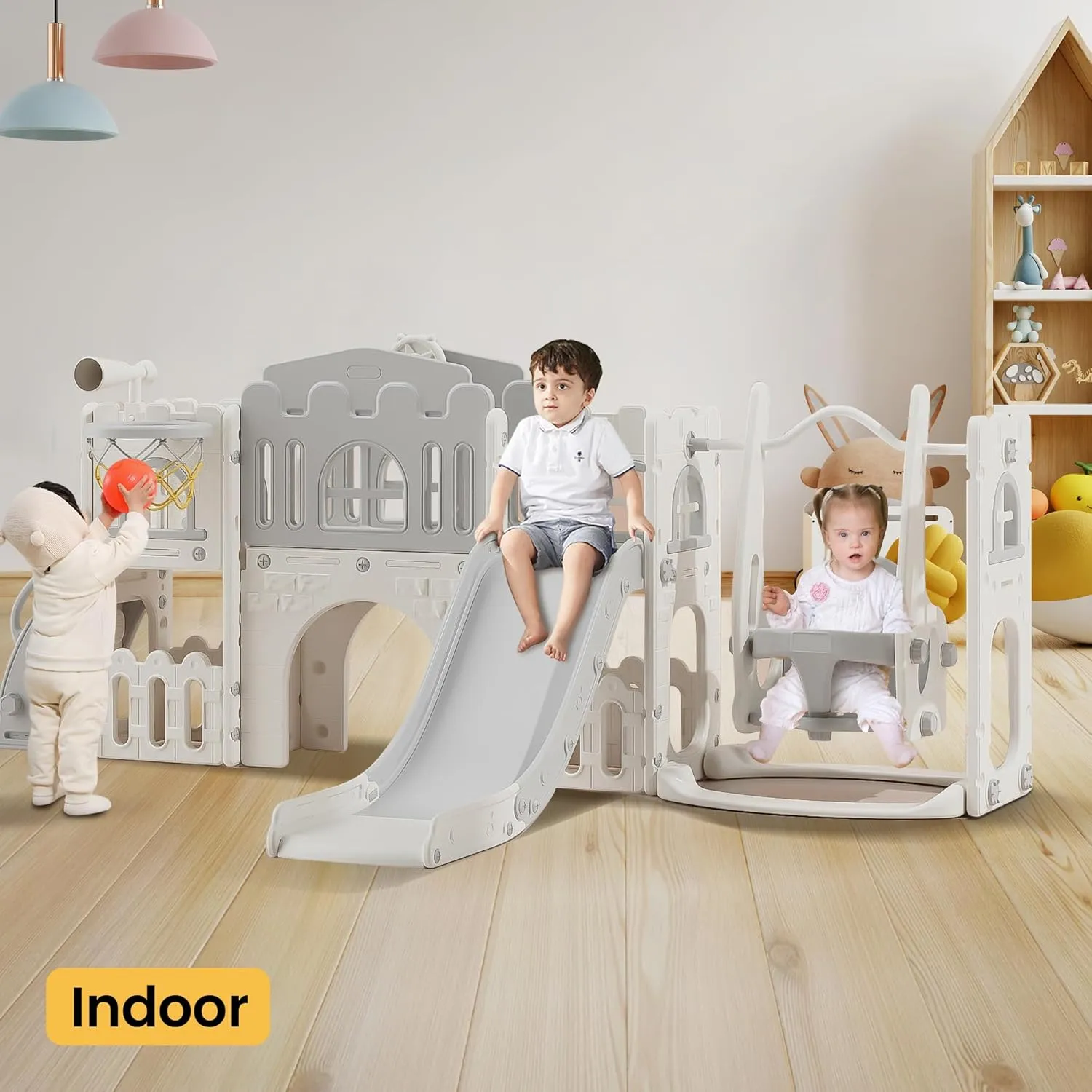 10 in 1 Toddler Slide Age 1-3 with Swing Basketball Hoop and Telescope Indoor Outdoor Slide Playset Toddler Playground (Grey)