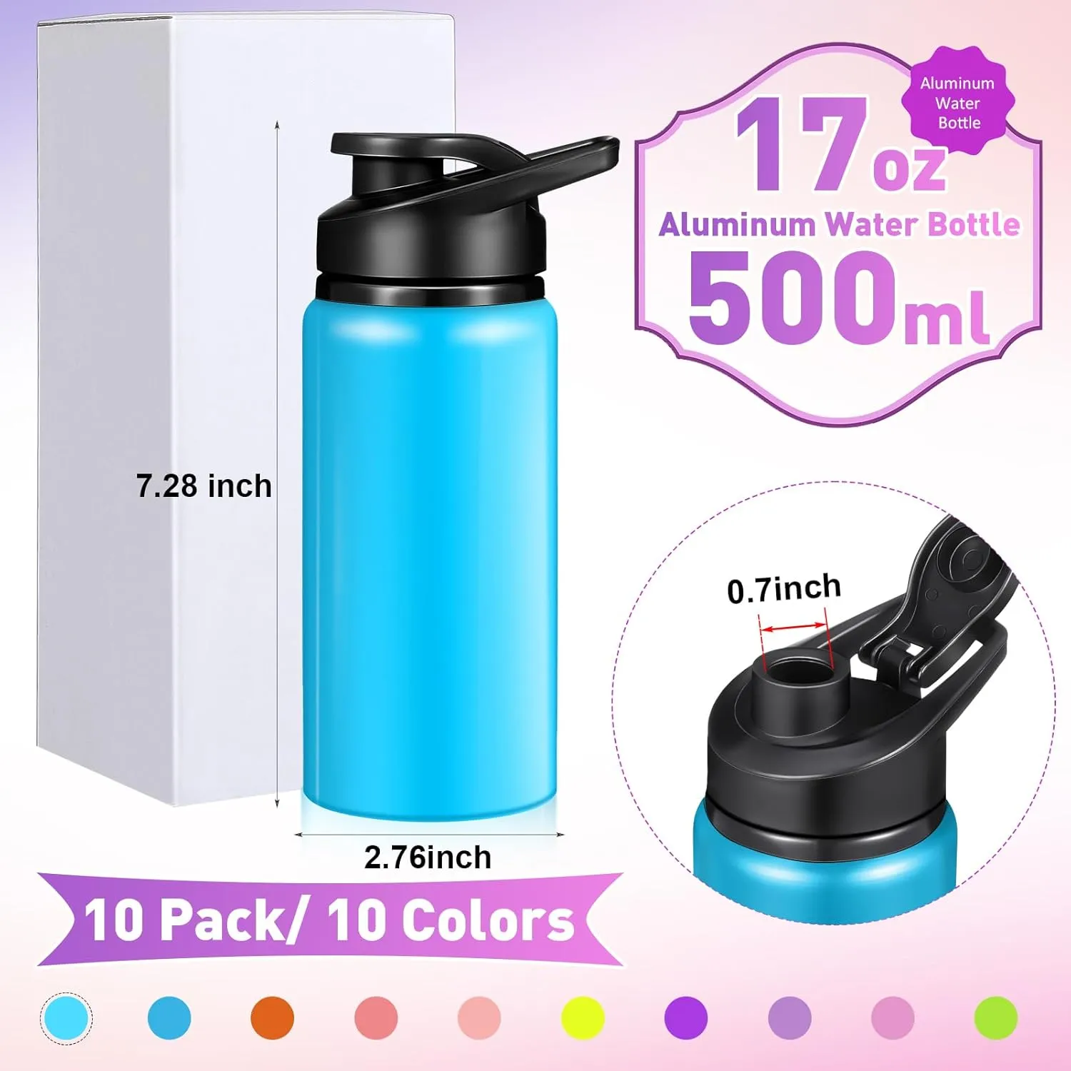 10 Pcs Reusable Aluminum Water Bottles Bulk Multicolor Outdoor Sports Water Bottles for Travel Gym Cycling Camping, Snap Lid