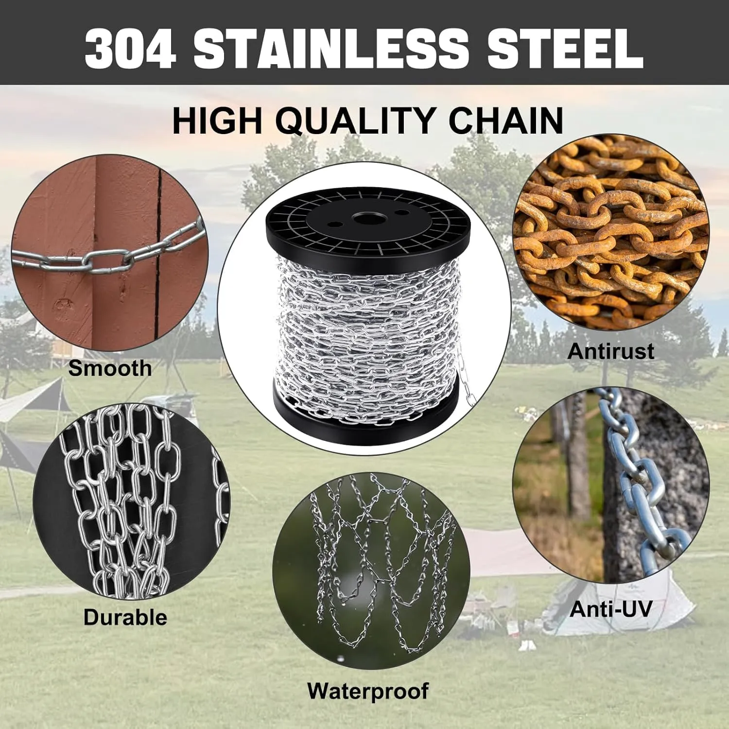 100 ft 1/12" Stainless Steel Hanging Chain Metal Chain Link Light Duty Chain Utility Chain Jack Chain for Home Outdoor Camping Hanging (2mm*30m)