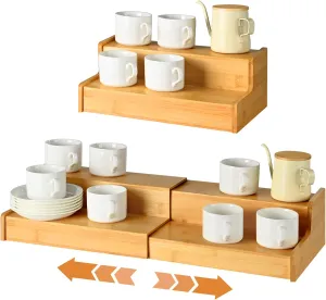 2 Tier Expandable Coffee Mug Holder Countertop Station Mug Cup Rack Bamboo Coffee Mug Organizer for Cabinet, Multi-Functional Mug Holder Shelf for Kitchen