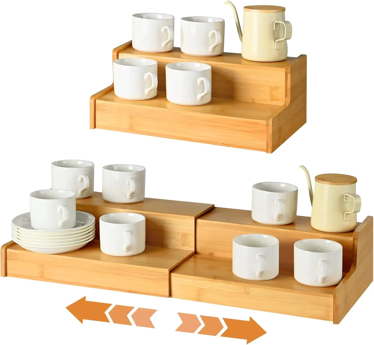 2 Tier Expandable Coffee Mug Holder Countertop Station Mug Cup Rack Bamboo Coffee Mug Organizer for Cabinet, Multi-Functional Mug Holder Shelf for Kitchen