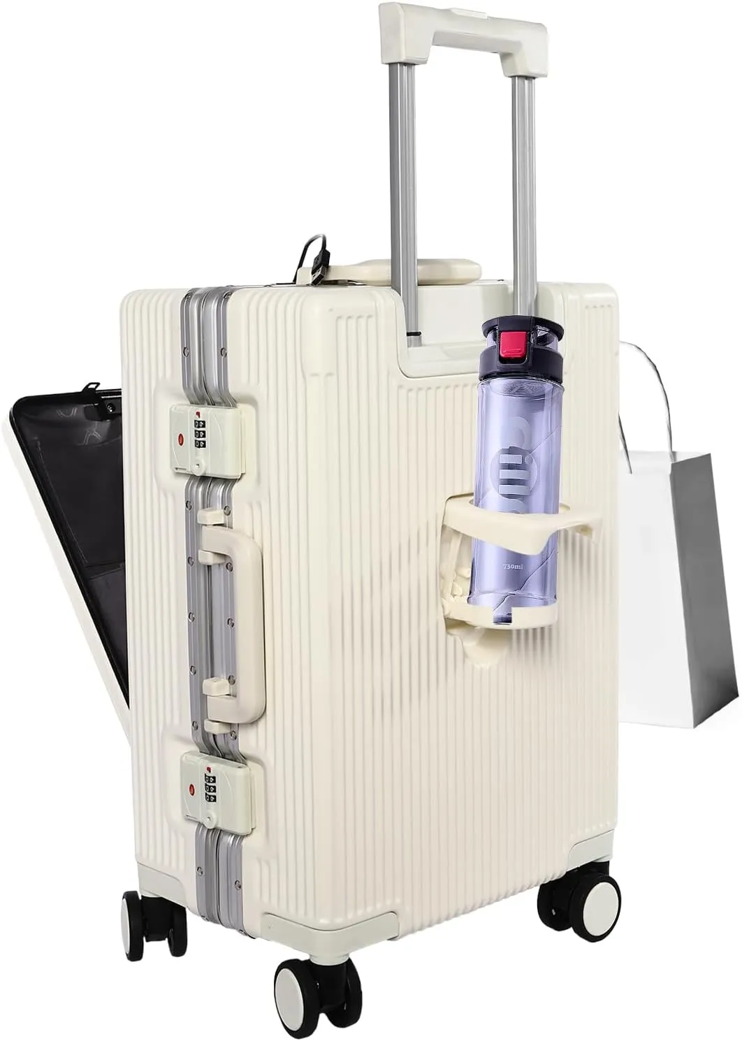 20-in Boarding Suitcase Lightweight Aluminium Carry on Luggage with Spinner, Zipperless Travel Suitcase with USB Charging Port, TSA Lock, Cup Holder Carry On Suit Case White