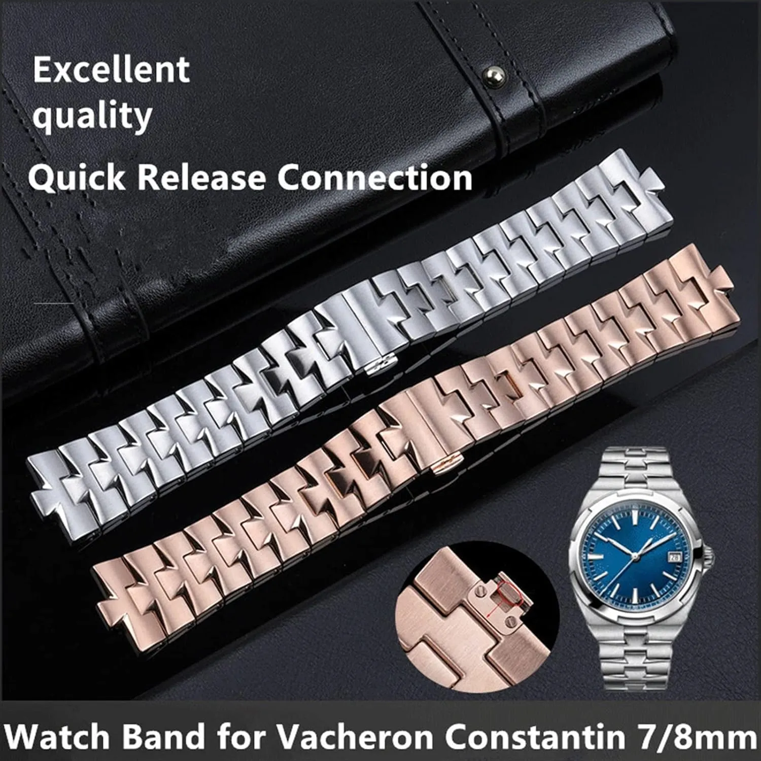24mm 7mm 8mm Quick Release Connection Stainless Steel Bracelet Watch Band for VACHERON CONSTANTIN Strap Watchband Overseas (Color : Rose Gold, Size : 24x7mm)