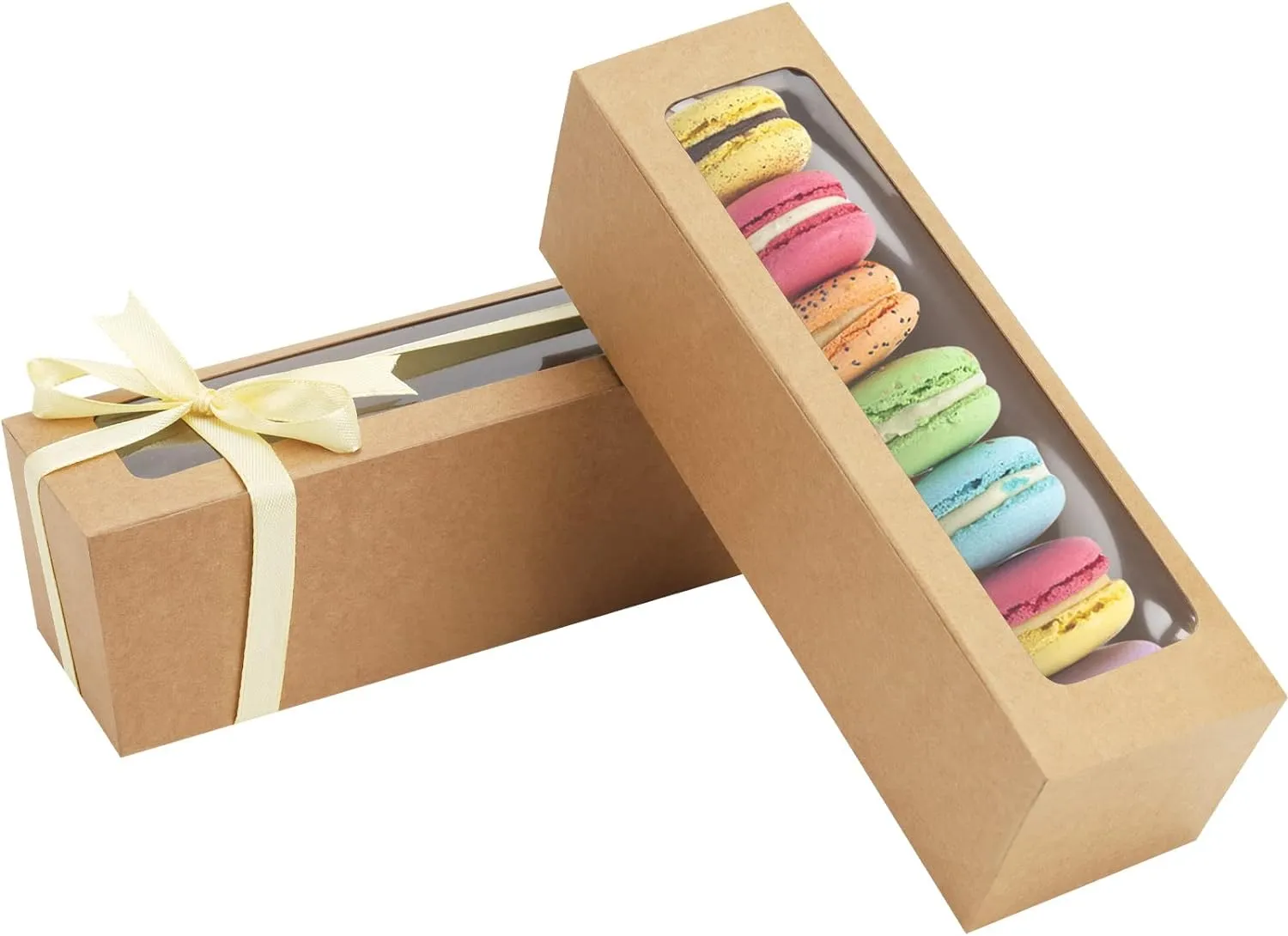 25 Pack Macaron Boxes for 5-7 Macarons Strawberry Boxes Macaron Container Packaging Boxes with Ribbon for Candy Sweet Gift Giving (Brown)