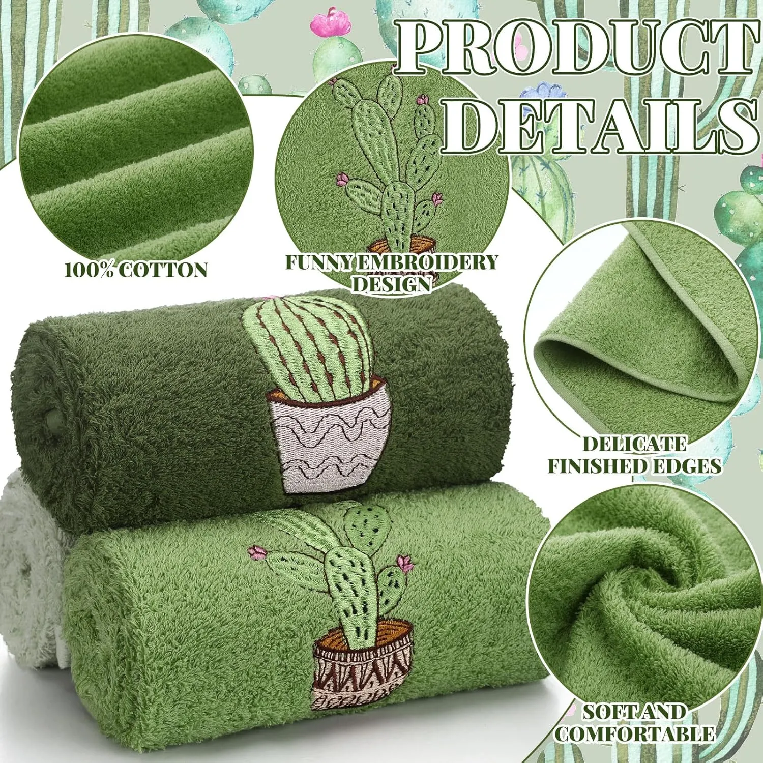 3 Pcs Summer Hand Towels for Bathroom 100% Cotton 29.5 x 13.8'' Embroidered Decorative Absorbent Soft Bath Hand Towels for Bathroom Kitchen Gift Decor(Green,Cactus)