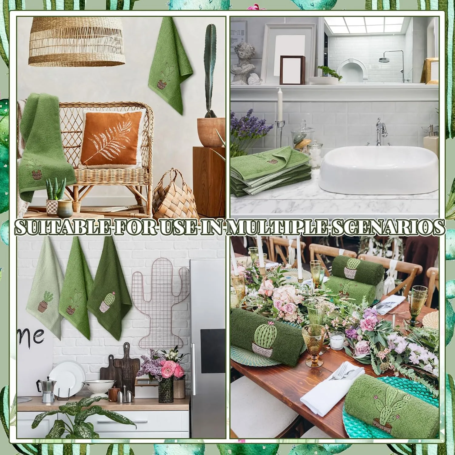 3 Pcs Summer Hand Towels for Bathroom 100% Cotton 29.5 x 13.8'' Embroidered Decorative Absorbent Soft Bath Hand Towels for Bathroom Kitchen Gift Decor(Green,Cactus)