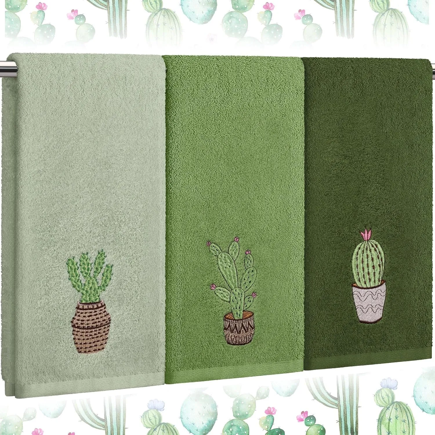 3 Pcs Summer Hand Towels for Bathroom 100% Cotton 29.5 x 13.8'' Embroidered Decorative Absorbent Soft Bath Hand Towels for Bathroom Kitchen Gift Decor(Green,Cactus)