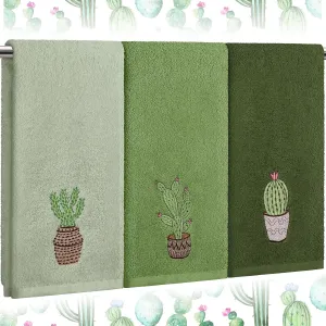 3 Pcs Summer Hand Towels for Bathroom 100% Cotton 29.5 x 13.8'' Embroidered Decorative Absorbent Soft Bath Hand Towels for Bathroom Kitchen Gift Decor(Green,Cactus)