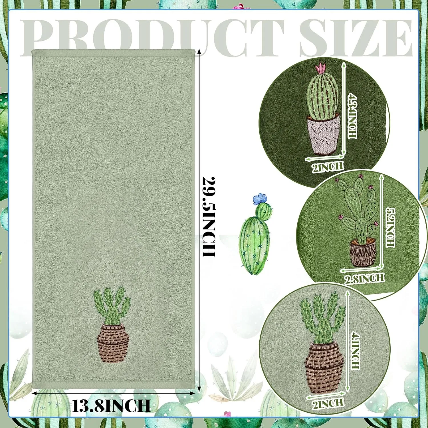 3 Pcs Summer Hand Towels for Bathroom 100% Cotton 29.5 x 13.8'' Embroidered Decorative Absorbent Soft Bath Hand Towels for Bathroom Kitchen Gift Decor(Green,Cactus)