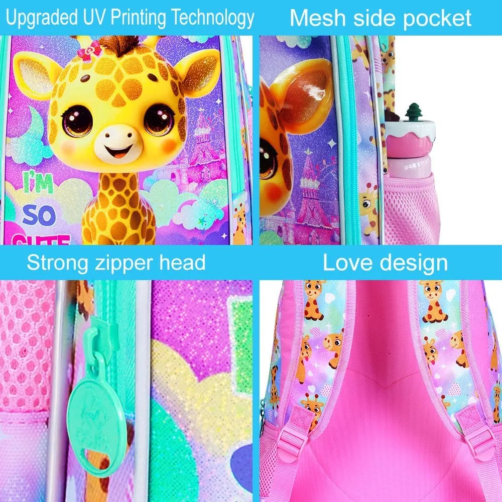 3Pcs Backpack for Girls, 16" Kids Bookbag with Lunch Box, Giraffe School Backpacks Set for Elementary Preschool Kindergarten(Pink)