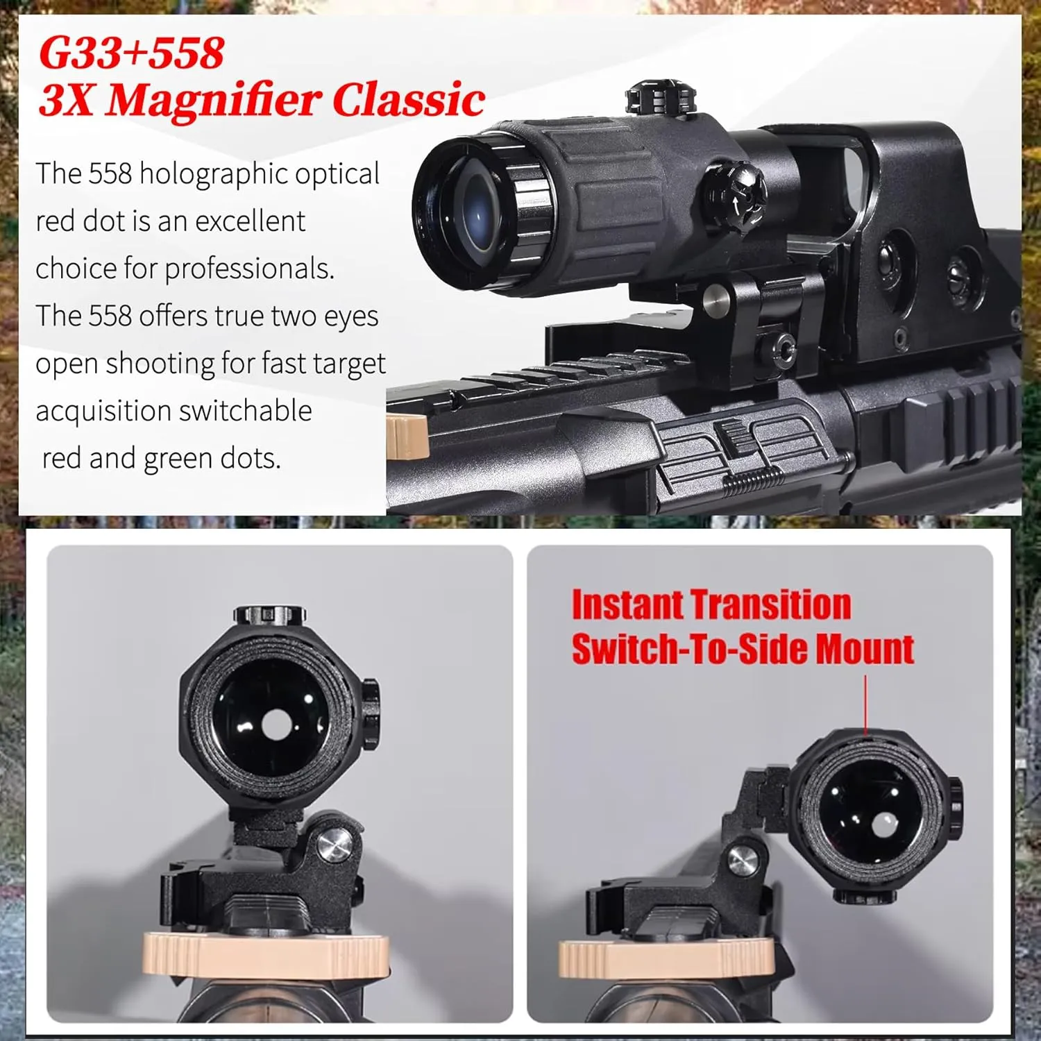 558 Holographic Sight Red Green Dot Reflex Scope with 3X 5X Magnifier Quick Release Mount