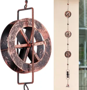 5.7 FT Water Wheel Rain Chains for Outside Bronze Rain Chain for Gutters Garden Decorative Rain Catche Chain Downspout