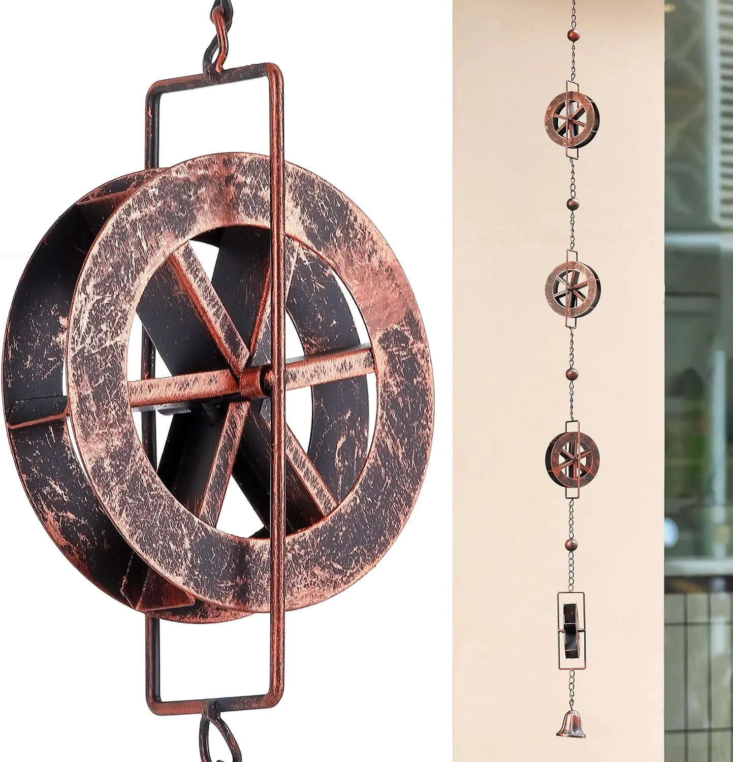 5.7 FT Water Wheel Rain Chains for Outside Bronze Rain Chain for Gutters Garden Decorative Rain Catche Chain Downspout