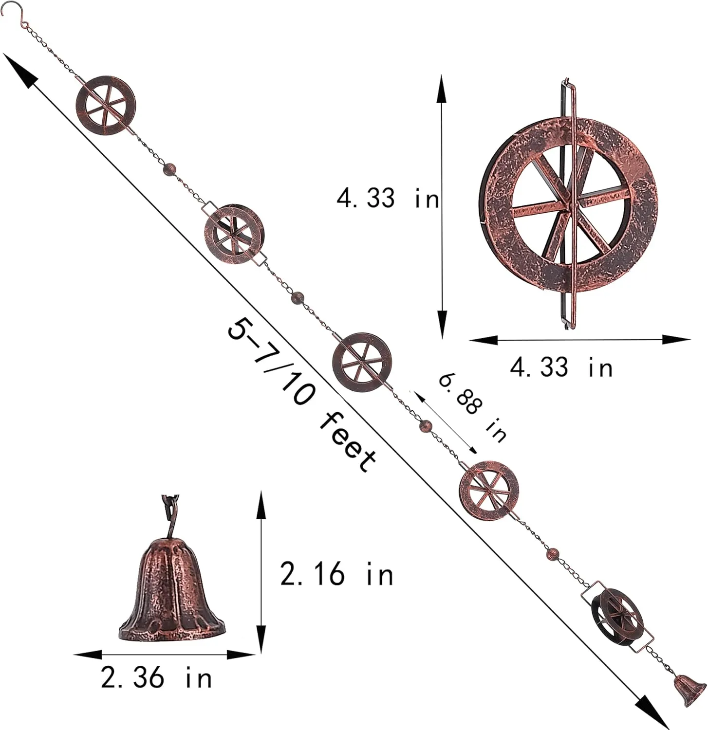 5.7 FT Water Wheel Rain Chains for Outside Bronze Rain Chain for Gutters Garden Decorative Rain Catche Chain Downspout