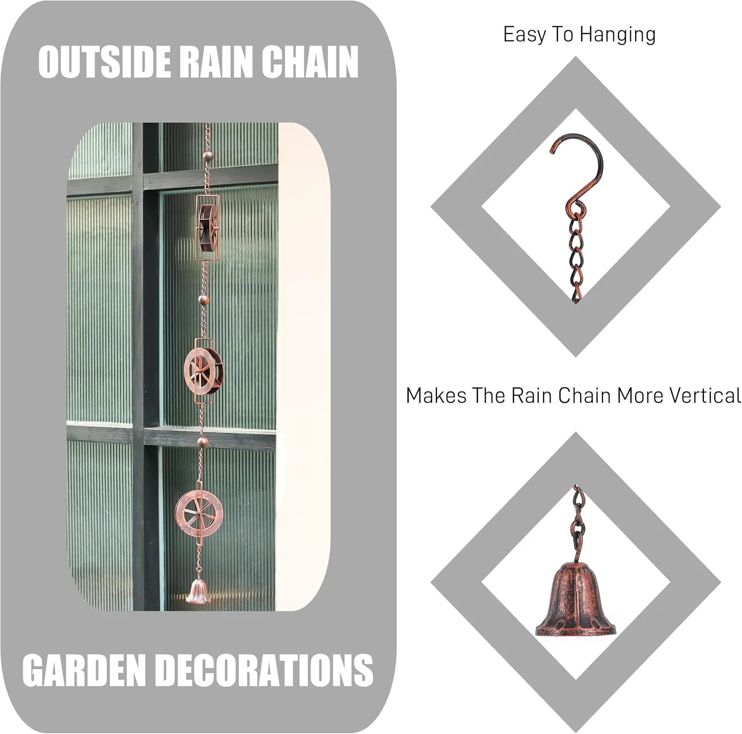 5.7 FT Water Wheel Rain Chains for Outside Bronze Rain Chain for Gutters Garden Decorative Rain Catche Chain Downspout