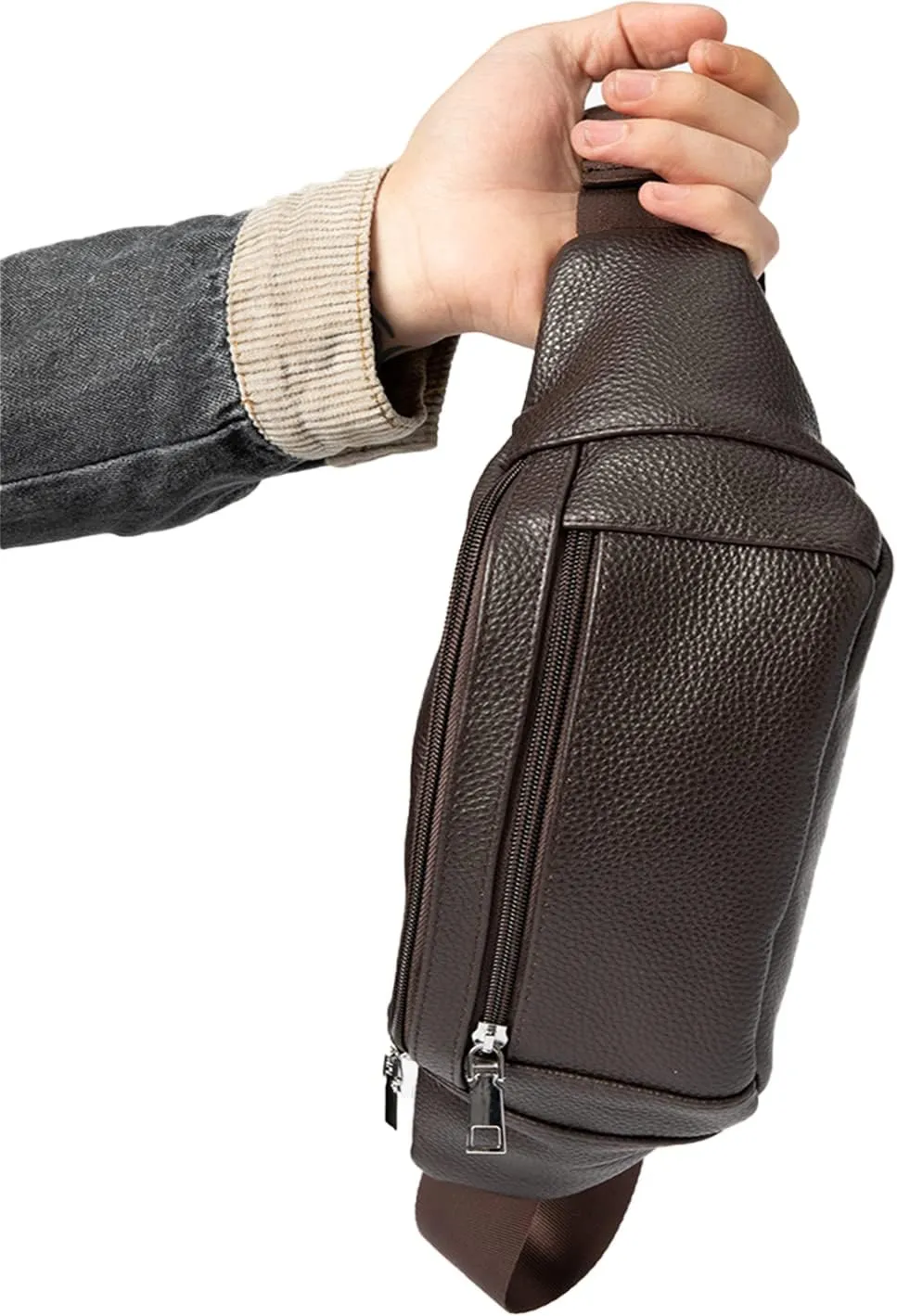 7-Mi Fanny Pack for Men Women Large Genuine Leather Crossbody Waist Bag Waterproof with Adjustable Strap for Running Hiking Walking Traveling Brown