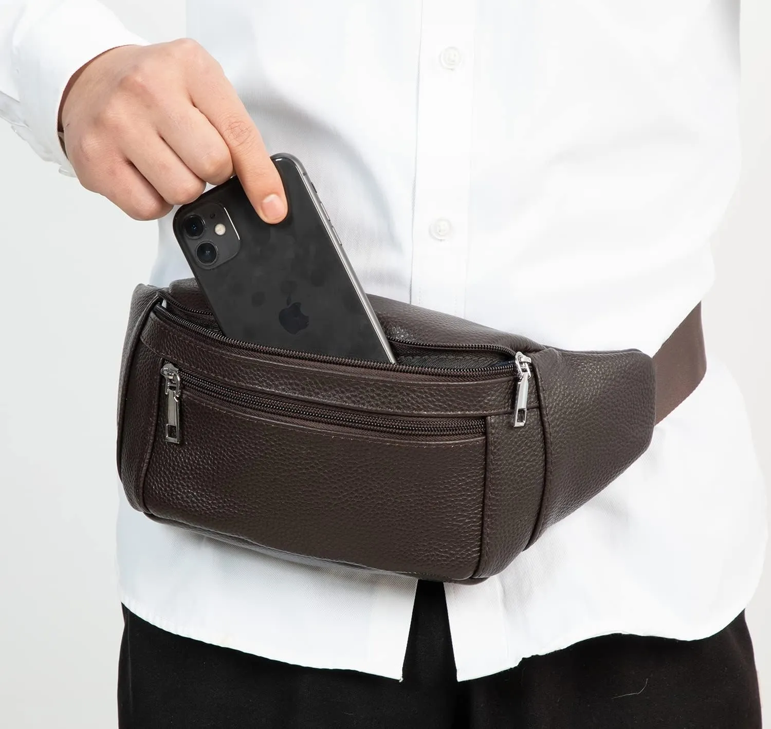 7-Mi Fanny Pack for Men Women Large Genuine Leather Crossbody Waist Bag Waterproof with Adjustable Strap for Running Hiking Walking Traveling Brown