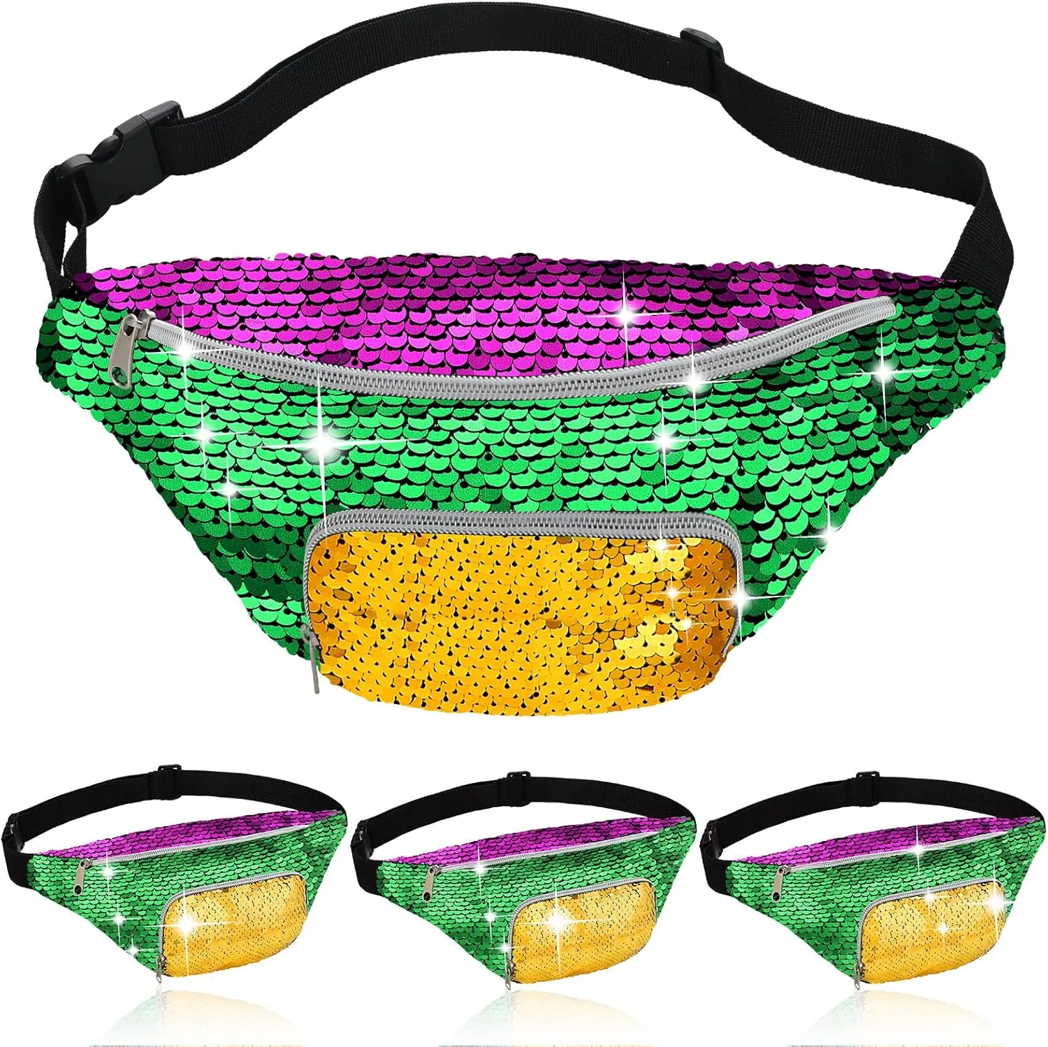 Abbylike 4 Pcs 8 Pcs Mardi Gras Sequin Fanny Packs for Adult Adjustable Mardi Gras Purse for Carnival Party Outfit Accessories