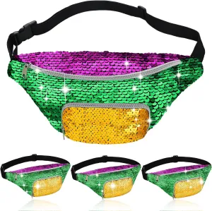 Abbylike 4 Pcs 8 Pcs Mardi Gras Sequin Fanny Packs for Adult Adjustable Mardi Gras Purse for Carnival Party Outfit Accessories