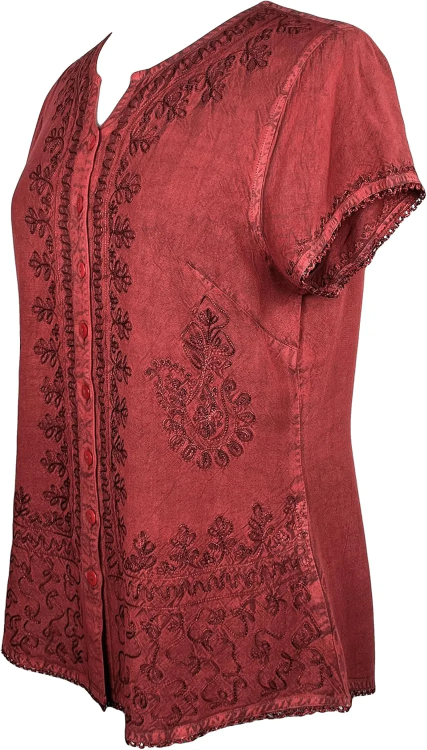 Agan Traders 2025 Summer Medieval Bohemian Tops - Light Weight Button Down Cap Sleeve Embroidered Blouses for Women