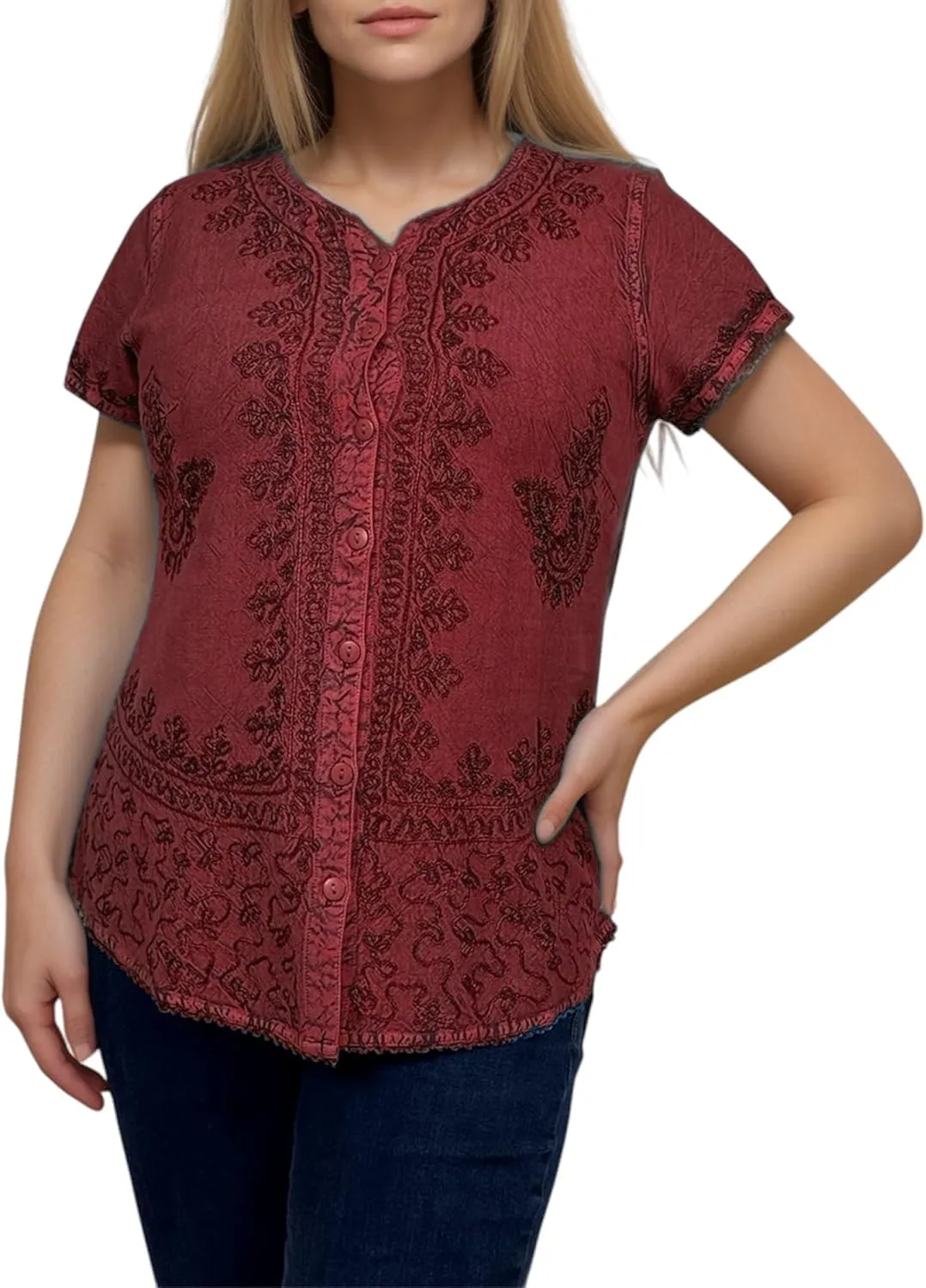 Agan Traders 2025 Summer Medieval Bohemian Tops - Light Weight Button Down Cap Sleeve Embroidered Blouses for Women