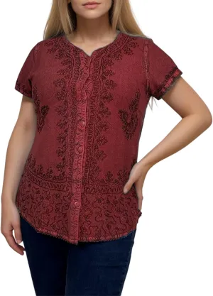 Agan Traders 2025 Summer Medieval Bohemian Tops - Light Weight Button Down Cap Sleeve Embroidered Blouses for Women