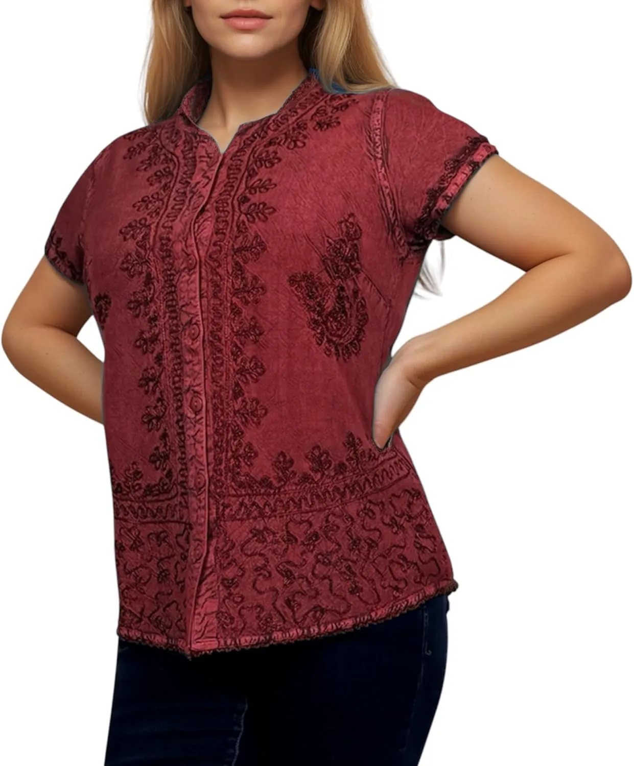 Agan Traders 2025 Summer Medieval Bohemian Tops - Light Weight Button Down Cap Sleeve Embroidered Blouses for Women