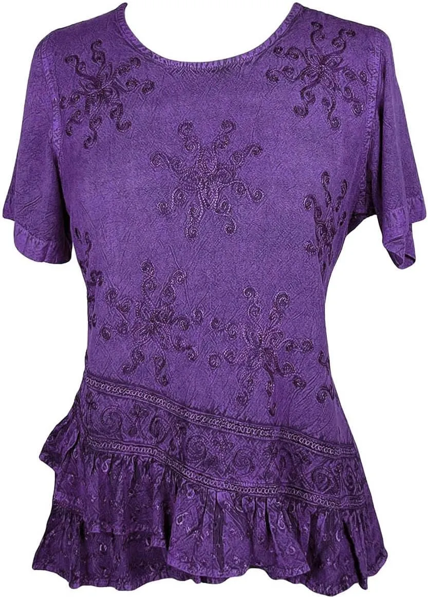 Agan Traders 2025 Summer Medieval Vintage Round Neck Women's Blouses - Short Sleeve Embroidered Tops for Women
