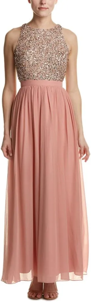 Aidan by Aidan Mattox Women's Sleevless Sequin Beaded Stretch Halter Top with Long Formal Chiffon Gown