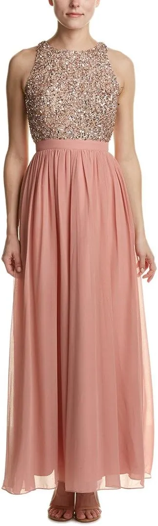 Aidan by Aidan Mattox Women's Sleevless Sequin Beaded Stretch Halter Top with Long Formal Chiffon Gown
