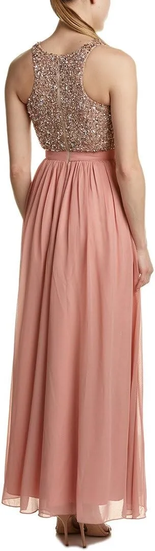 Aidan by Aidan Mattox Women's Sleevless Sequin Beaded Stretch Halter Top with Long Formal Chiffon Gown