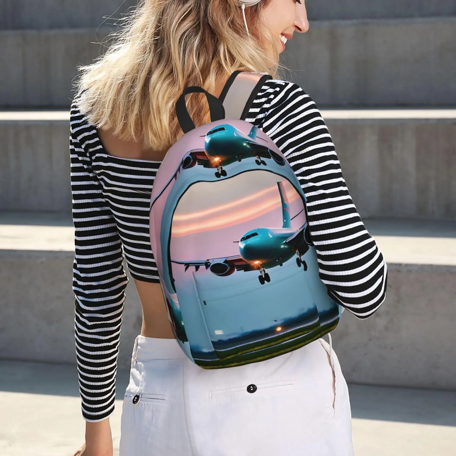 Airplane In The Evening Lights Print Laptop Backpack For Women Travel Canvas Bookbag For Men Outdoor Fashion Casual Daypack