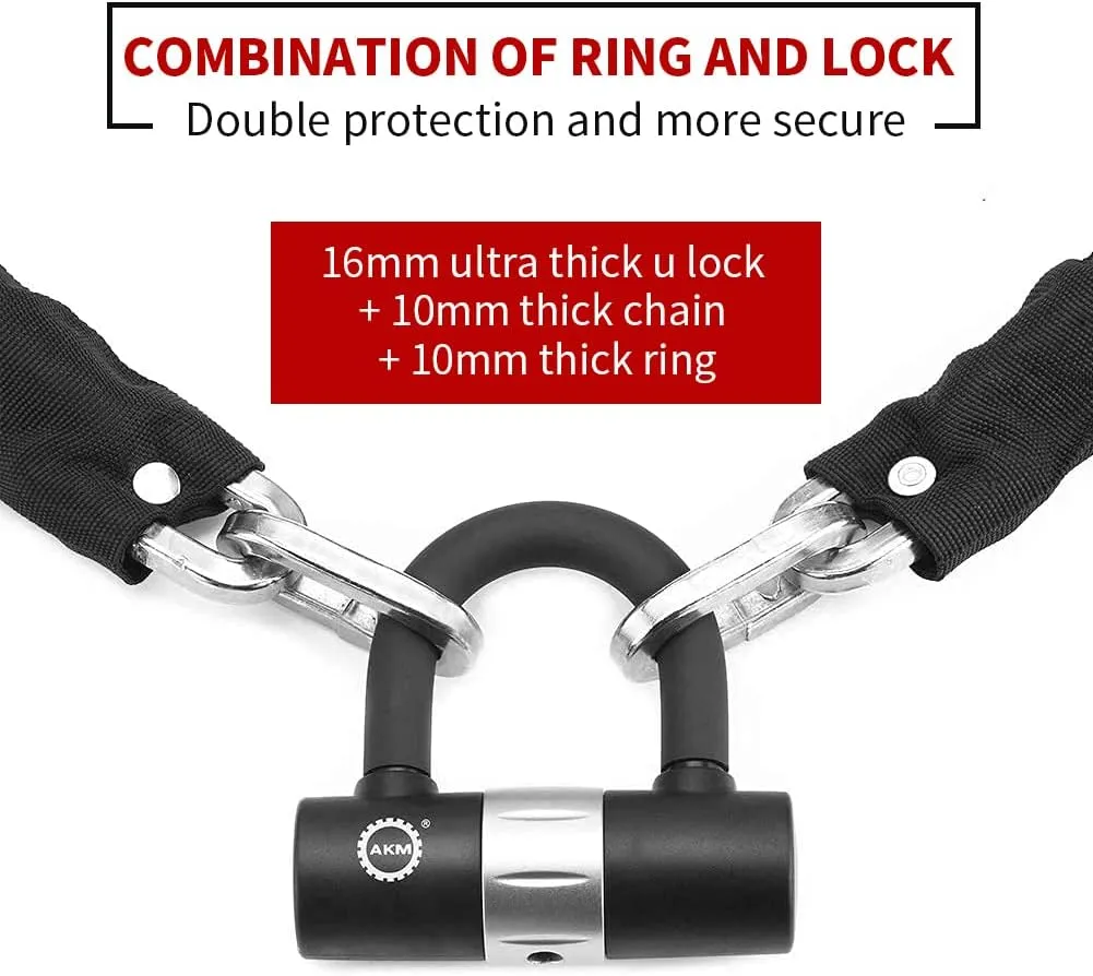 AKM Motorcycle Lock 8.2ft/250cmx10mm Thick Anti-Theft Heavy Duty Chain Locks with 4 Keys Security 16mm U Lock Disc Lock,Super Long Durable Bike Chain Lock for Motorcycles,Containers,Trailers