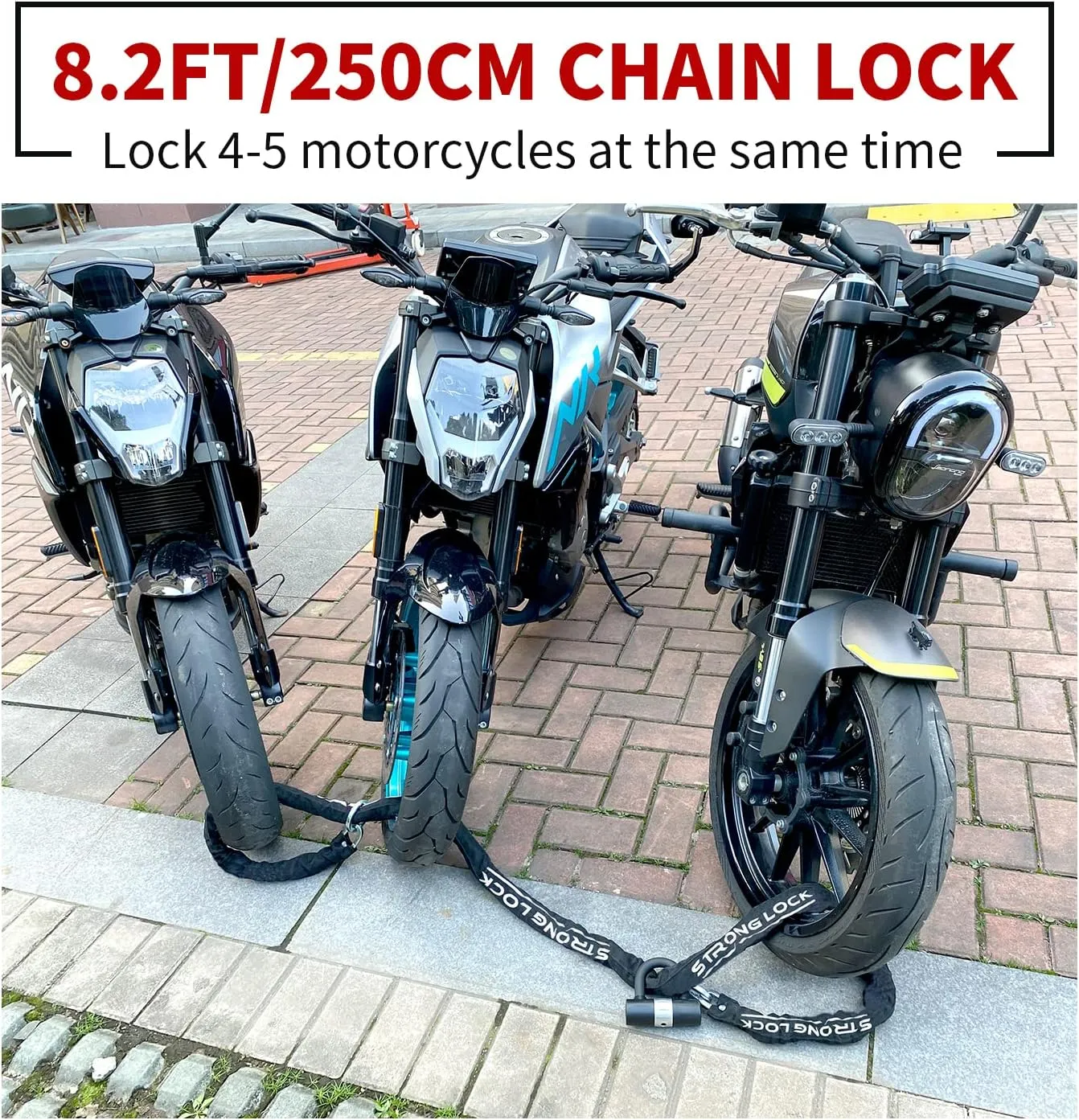 AKM Motorcycle Lock 8.2ft/250cmx10mm Thick Anti-Theft Heavy Duty Chain Locks with 4 Keys Security 16mm U Lock Disc Lock,Super Long Durable Bike Chain Lock for Motorcycles,Containers,Trailers