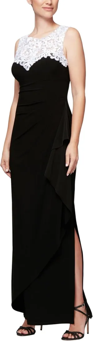 Alex Evenings Women's Long Column Dress with Sweetheart Illusion Neckline