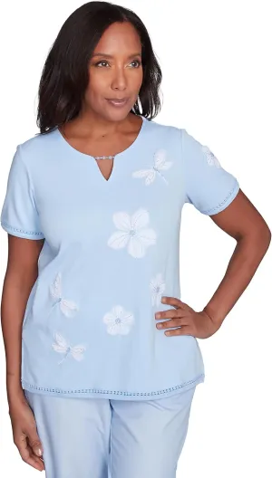 Alfred Dunner Apliquee Dragonfly Flowers Cotton/Polyester Top
