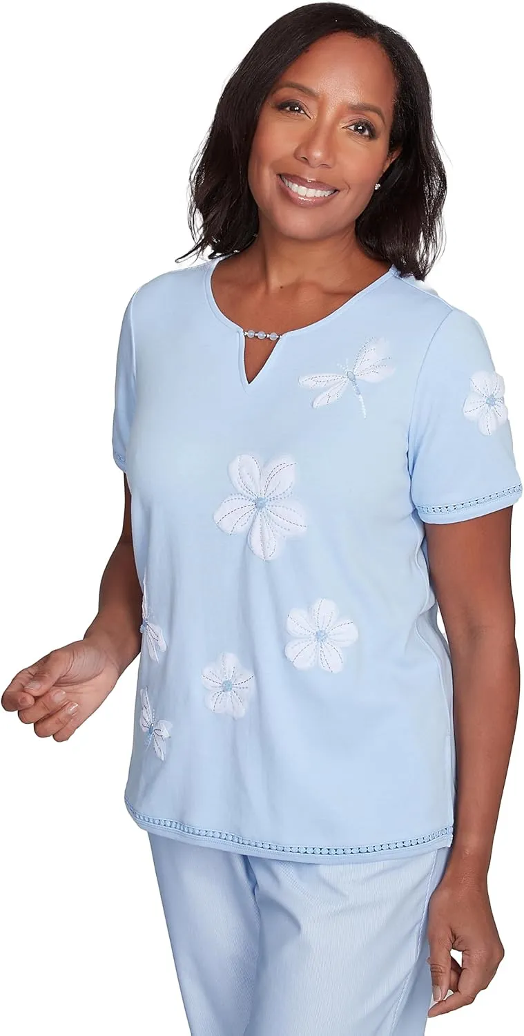 Alfred Dunner Apliquee Dragonfly Flowers Cotton/Polyester Top