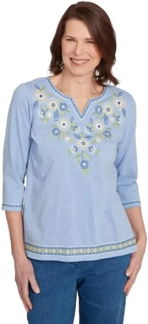 Alfred Dunner Flower Power Embroidered Daisy Yoke Cotton/Ploy Top