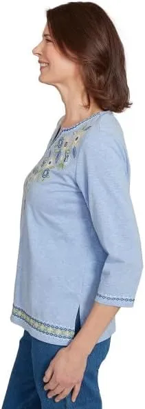 Alfred Dunner Flower Power Embroidered Daisy Yoke Cotton/Ploy Top