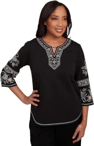 Alfred Dunner Women's Beaded Neck Embroidered Sleeve Top