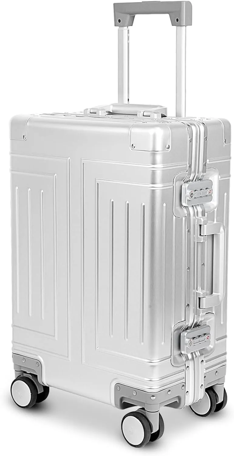 All Aluminum 20'' Luggage with Removable Spinner Wheels,Provide Spare Wheels.Carry on Luggage 22 x 14 x 9 Airline Approved Lightweight Metal Hard Shell Zipperless Suitcase