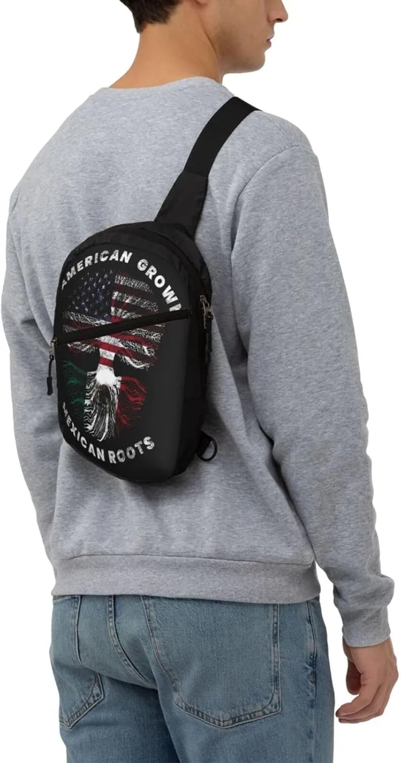 American Grown Mexican Roots Portable Crossbody Bag Foldable Sling Bags Sports Gym Chest Daypack Reusable Shoulder Backpack Casual Diagonally Rucksack Fanny Packs