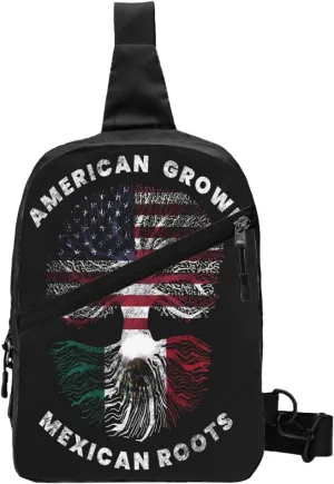 American Grown Mexican Roots Portable Crossbody Bag Foldable Sling Bags Sports Gym Chest Daypack Reusable Shoulder Backpack Casual Diagonally Rucksack Fanny Packs