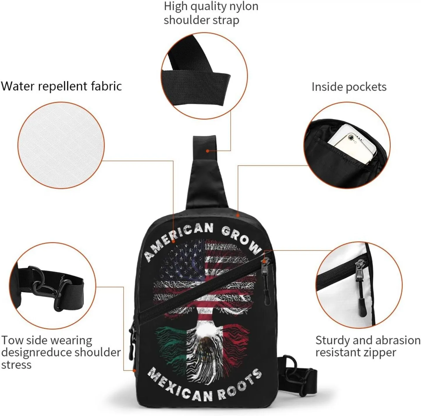 American Grown Mexican Roots Portable Crossbody Bag Foldable Sling Bags Sports Gym Chest Daypack Reusable Shoulder Backpack Casual Diagonally Rucksack Fanny Packs