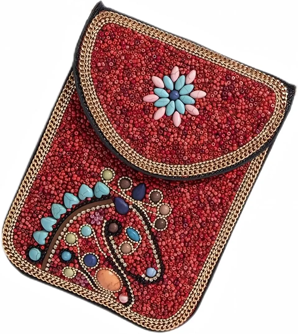 Beaded Cell Phone Crossbody Bag for Women, Boho Small Shoulder Purse Wallet with Beads and Turquoise Design, Adjustable Strap