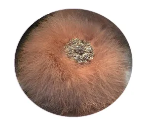 Beige Faux Fur Bath Dusting Powder Puff Trimmed in Dusty Mauve Marabou ~ Rhinestone Embellished Handle