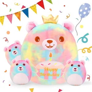 Birthday Bear Plush Pillow 12"" Soft Bear Plush Toy Cute Bear Stuffed Animal with 3 Babies Bear Plushie Home Room Party Decoration Birthday Gifts for Kids Toddlers, HDHWJ1628