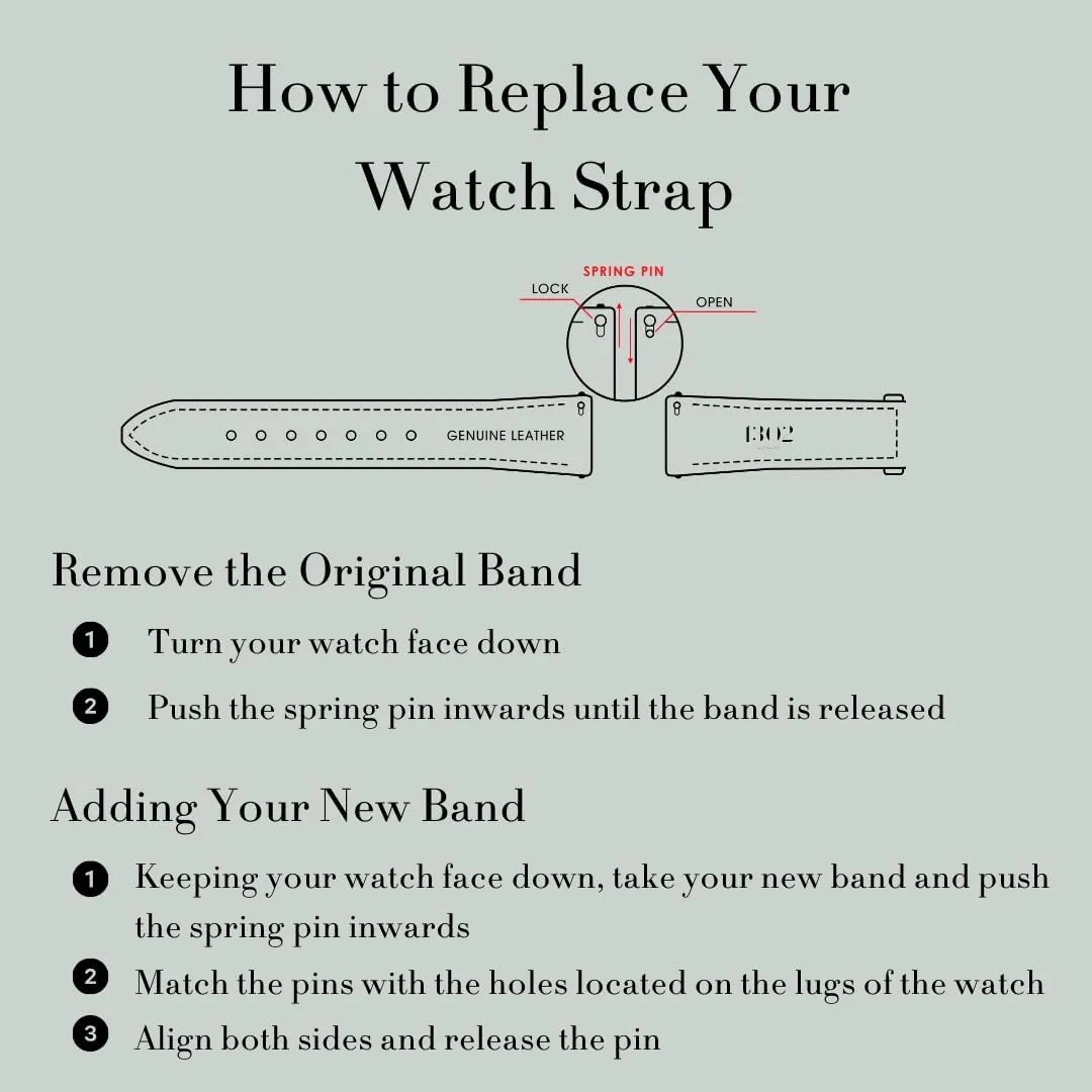 Black Leather Watch Band - Quick Release 18mm, 20mm, 22mm Easy Interchangeable Strap